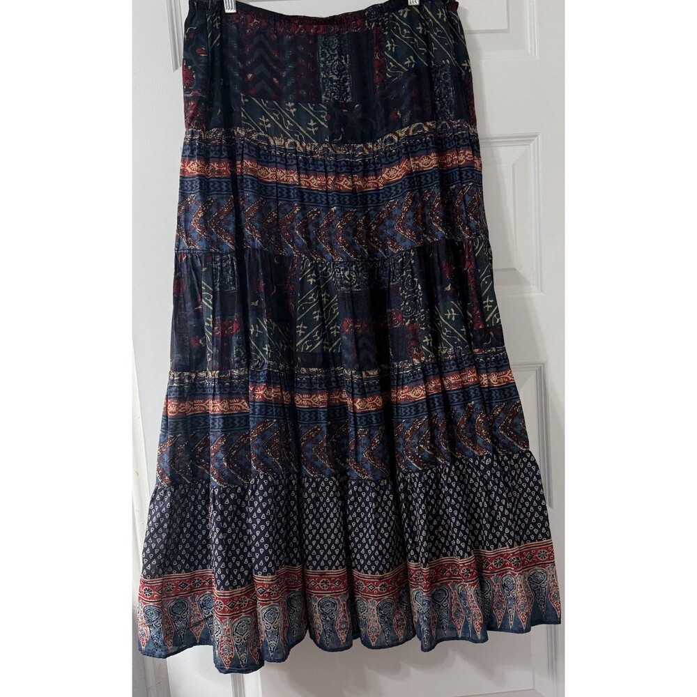 Ralph Lauren Tiered Patchwork Maxi Skirt M Indigo Paisley Broomstick Cottage VTG